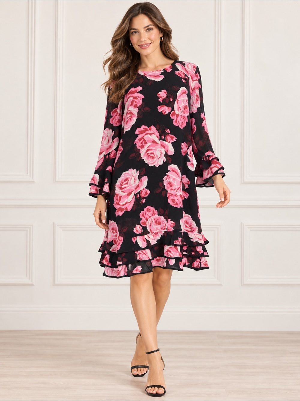 Kate Spade Black Pink Rose Floral Ruffle Dress Women’s M